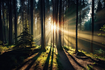 panoramic shot of dense forest with the sun shining through the trees, created with generative aiの素材