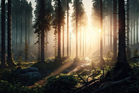 panoramic shot of dense forest with the sun shining through the trees, created with generative aiの素材
