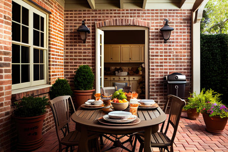 patio with barbecue and outdoor dining set, ready for summer cookout, created with generative aiの素材