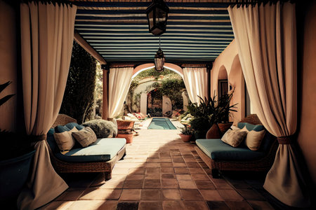 patio with canopy and lounge chairs for afternoon relaxation, created with generative aiの素材