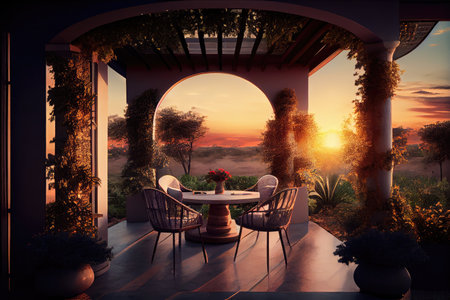 a patio surrounded by greenery with a view of the sunset, created with generative aiの素材