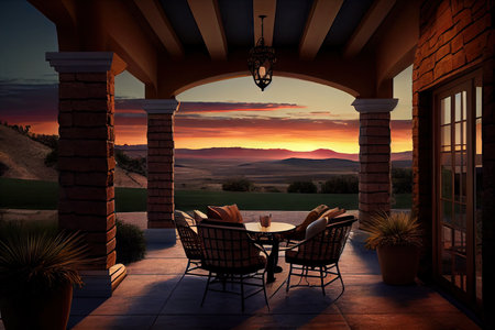 patio with view of rolling hills or sunset sky, created with generative aiの素材