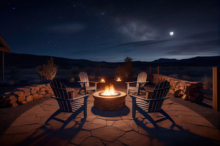backyard patio with fire pit, seating, and view of the stars on a clear night, created with generative aiの素材
