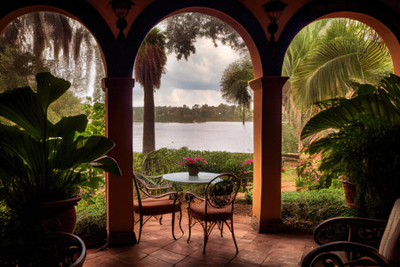 patio, with view of peaceful lake, surrounded by lush greenery, created with generative aiの素材