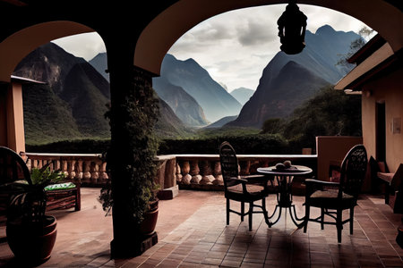 patio, with view of mountains and a waterfall in the background, created with generative aiの素材