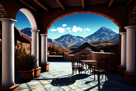 peaceful patio overlooking mountains, with warm sun and clear blue skies, created with generative aiの素材
