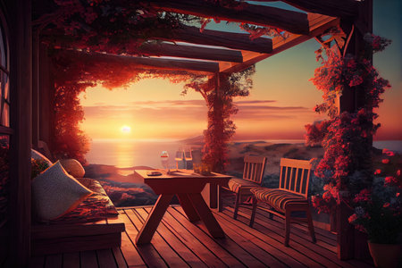 patio with view of the sunset, with warm and cozy atmosphere, created with generative aiの素材