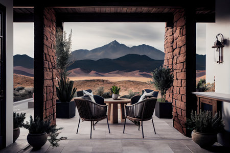 patio with view of mountain range, with the peaks visible in the distance, created with generative aiの素材