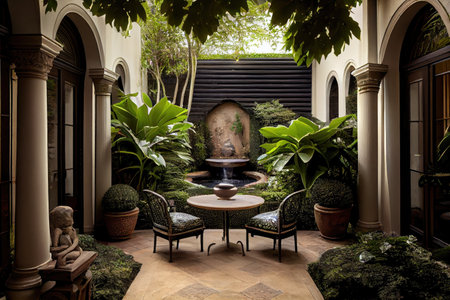 patio with water feature, surrounded by lush greenery, created with generative aiの素材