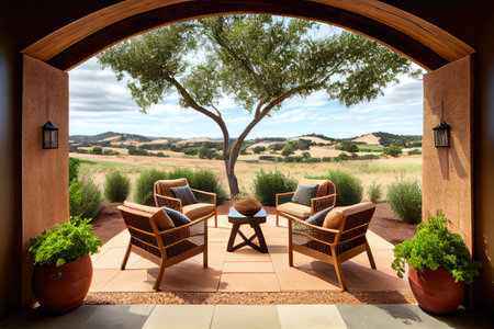 patio with view of rolling hills, surrounded by greenery, created with generative aiの素材