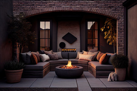 patio with firepit and comfortable seating for a cozy evening, created with generative aiの素材