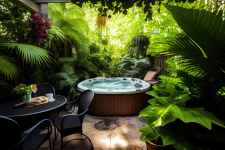 patio with hot tub, surrounded by lush greenery and birds chirping in the background, created with generative aiの素材