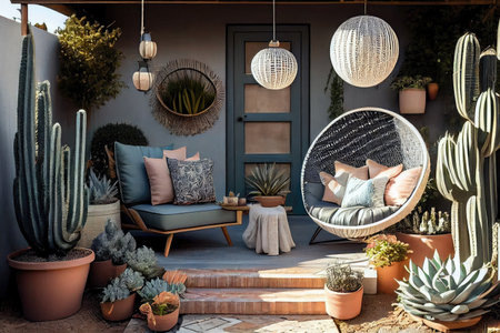 creative and modern patio, with unique elements such as lounge chairs, hanging lanterns and potted plants, created with generative aiの素材