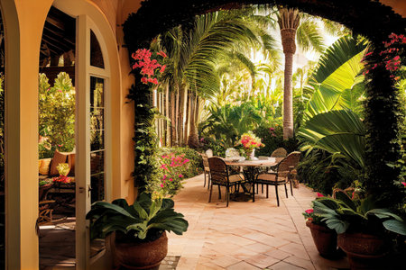 patio with view of lush tropical garden, surrounded by palm trees and flowers, created with generative aiの素材