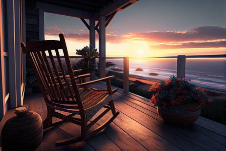 patio, with view of sunset over the ocean, and rocking chair for comfort, created with generative aiの素材
