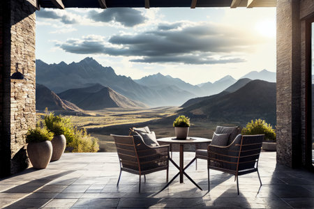 patio with view of scenic mountain range, with sun shining through the clouds, created with generative aiの素材