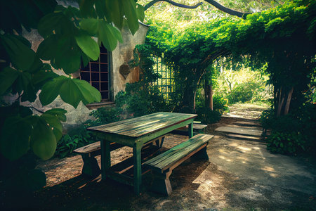 patio with picnic table, surrounded by lush greenery, created with generative aiの素材