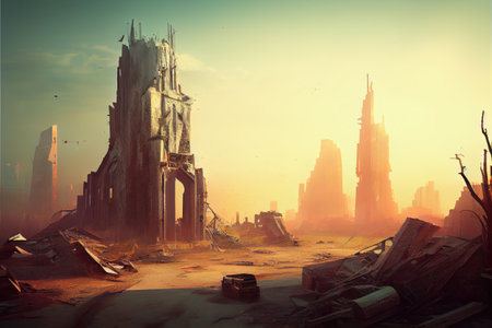 postapocalyptic cityscape, with view of destroyed tower in the distance, created with generative aiの素材