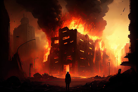 postapocalyptic cityscape with smoke and flames rising from the rubble, created with generative aiの素材