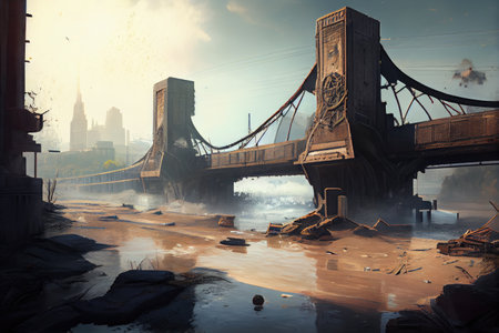 postapocalyptic city with view of destroyed bridge and raging waters, created with generative aiの素材