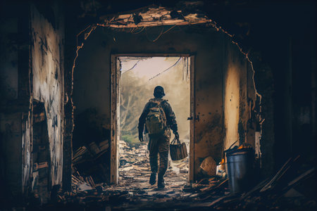 person, scavenging through ruined building for supplies, created with generative aiの素材
