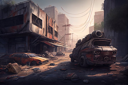 postapocalyptic city with abandoned vehicles and debris scattered on the streets, created with generative aiの素材