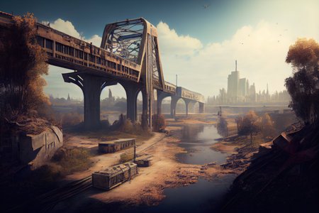 postapocalyptic city, with view of broken bridge and nearby river visible in the background, created with generative aiの素材