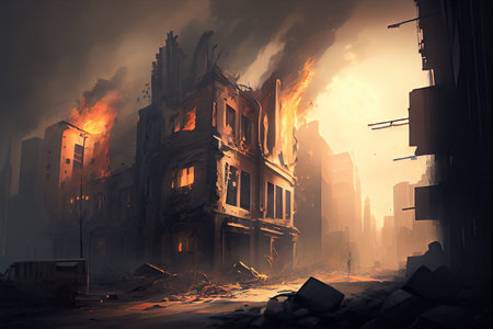 postapocalyptic cityscape with smoke billowing from fires and broken windows, created with generative aiの素材