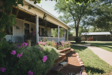 ranch house with covered porch, swing, and flowering plants, created with generative aiの素材