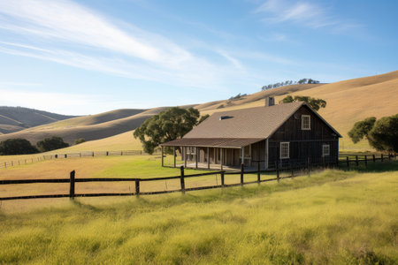 ranch house exterior, with view of rolling hills and pastures filled with horses, created with generative aiの素材
