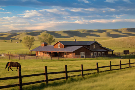 ranch house exterior, with view of rolling hills and pastures filled with horses, created with generative aiの素材