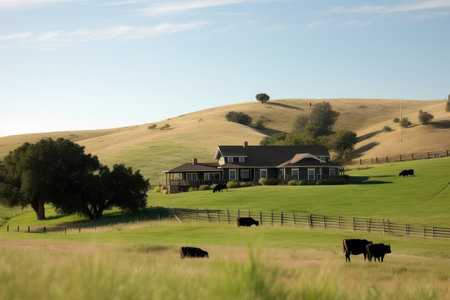 ranch house, with view of rolling hills and grazing cattle, on warm summer day, created with generative aiの素材