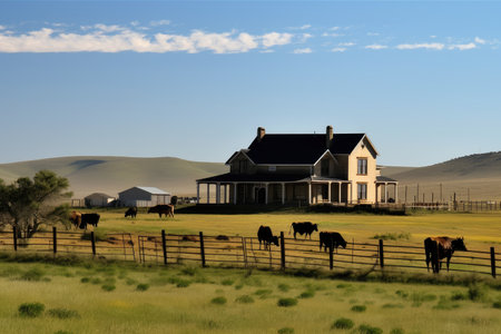 ranch house, with view of rolling hills and grazing cattle, on warm summer day, created with generative aiの素材