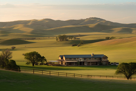 ranch house with pastures and rolling hills in the background, created with generative aiの素材
