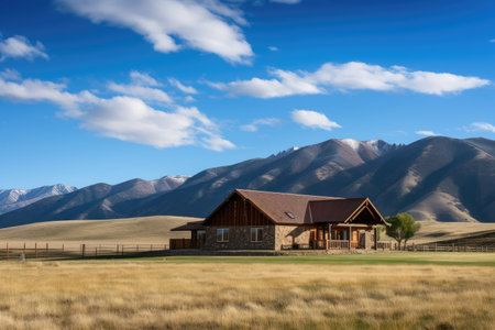 ranch house, with view of mountains and clear blue sky, against the backdrop of a breathtaking landscape, created with generative aiの素材