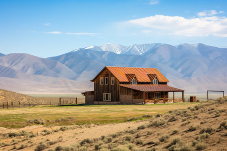 ranch house, with view of mountains and clear blue sky, against the backdrop of a breathtaking landscape, created with generative aiの素材