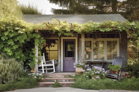 ranch house exterior with vine-covered porch and rocking chair, created with generative aiの素材