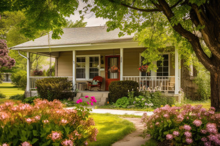 ranch house with welcoming front porch and swing, surrounded by blooming flowers, created with generative aiの素材