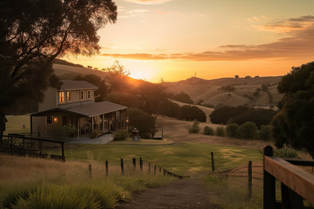 tranquil ranch house, with view of the sunset and rolling hills in the background, created with generative aiの素材