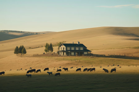 ranch house surrounded by flock of grazing sheep on rolling hills, created with generative aiの素材