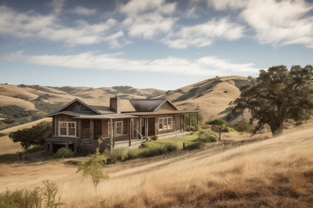 ranch house with panoramic view of valley and rolling hills, created with generative aiの素材