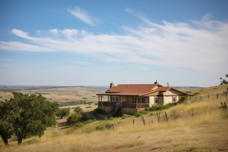 ranch house with panoramic view of valley and rolling hills, created with generative aiの素材