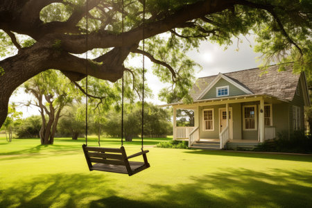 ranch house with porch swing, overlooking lush green lawn, created with generative aiの素材