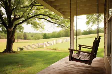 ranch house with porch swing, overlooking lush green lawn, created with generative aiの素材