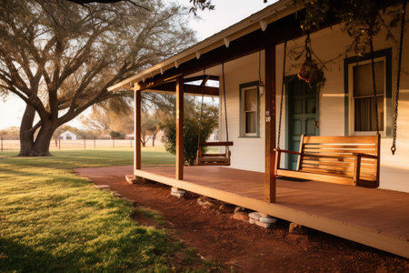 ranch house exterior with wooden porch swing and rocking chair, created with generative aiの素材