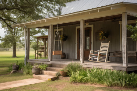 ranch house exterior with wooden porch swing and rocking chair, created with generative aiの素材