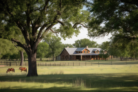 grassy pastures and tall trees in the background of ranch house exterior, created with generative aiの素材