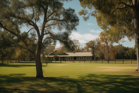 grassy pastures and tall trees in the background of ranch house exterior, created with generative aiの素材