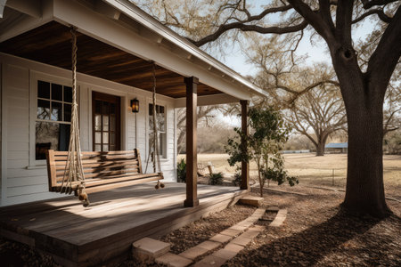 ranch house exterior with front porch swing and outdoor setting for a cozy getaway, created with generative aiの素材
