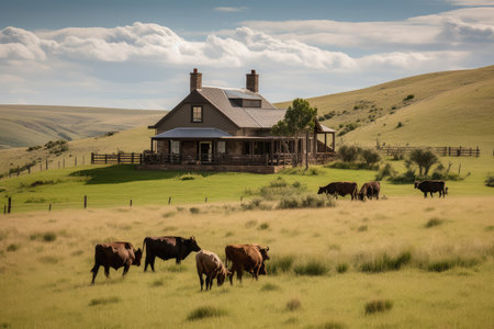 ranch house with view of rolling hills and grazing cattle, created with generative aiの素材
